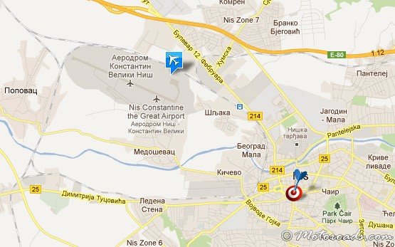 Mapa de Nis Constantine the Great Airport, Serbia